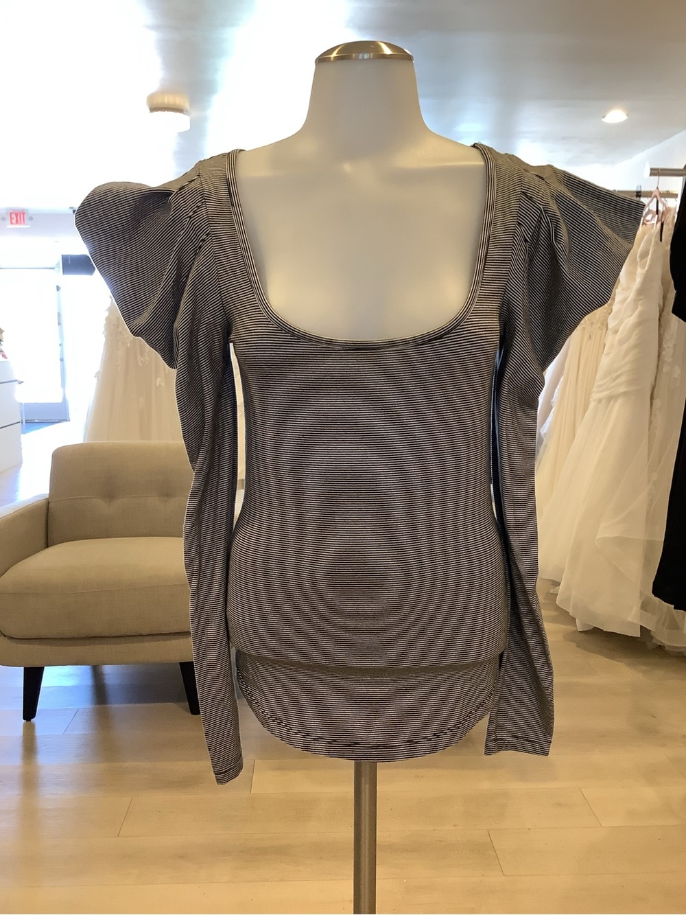 Free People Scoop Neck Puff Sleeve Top in Heather Gray Stripe